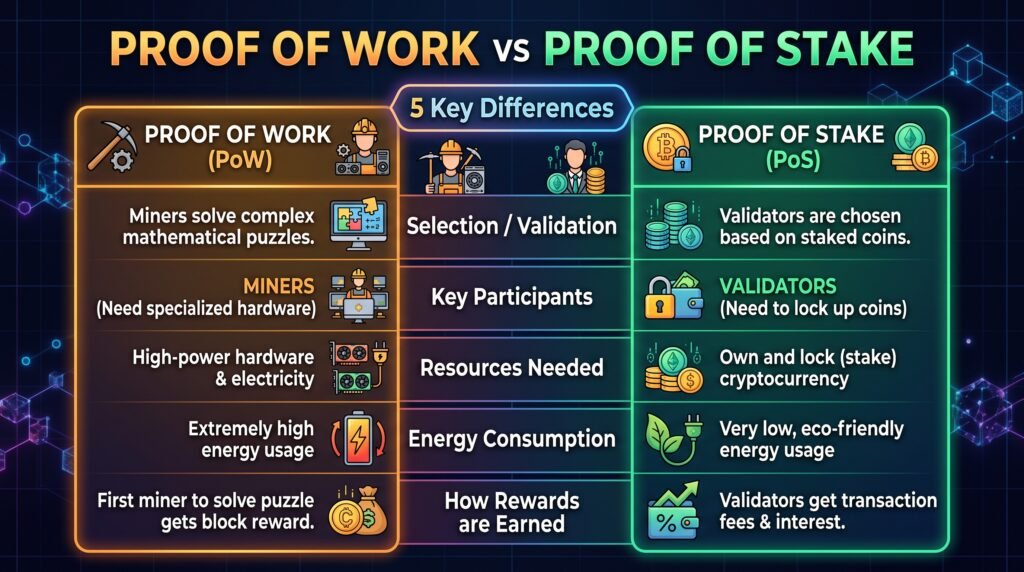 proof of work vs proof of stake - illustration comparing mining hardware to staked coins
