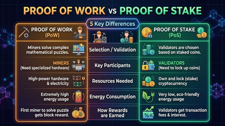 proof of work vs proof of stake - illustration comparing mining hardware to staked coins